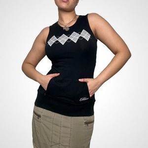 Y2k black stretchy tank top with kangaroo pockets and argyle pattern